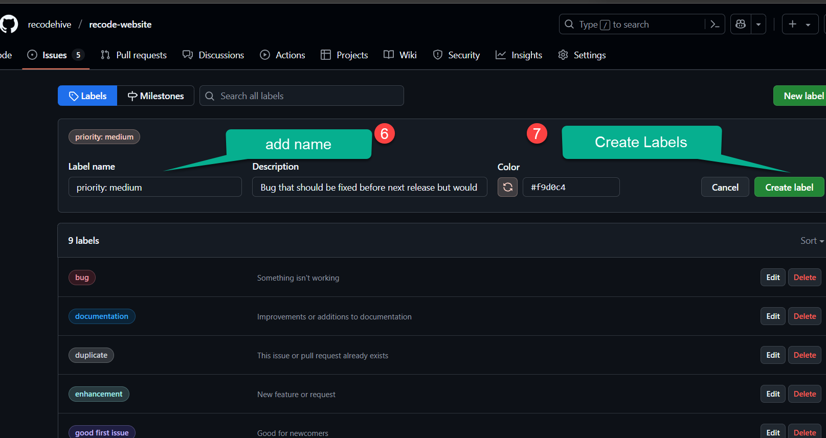 Screenshot of creating a new label on GitHub