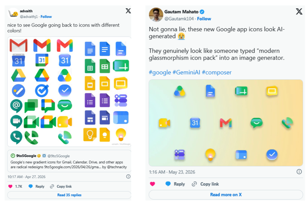 X post by Gautamk104 reacting to Google Workspace icon redesign 2026