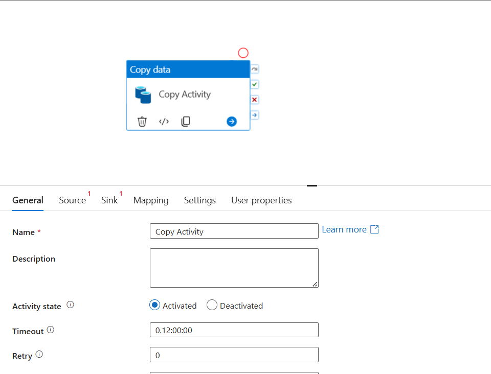 Azure Data Factory pipeline canvas showing a Copy Activity connected from Blob Storage source to ADLS Gen2 sink, with linked services and datasets illustrated