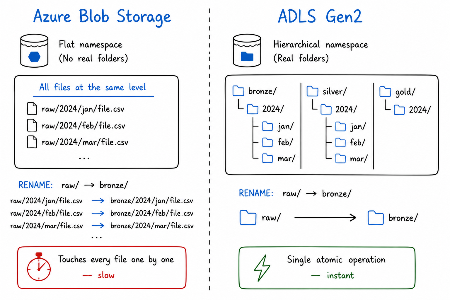 Side-by-side comparison of plain Blob Storage (flat key names, fake folders) vs ADLS Gen2 (real directory tree with Bronze/Silver/Gold layers). Rename operation shown on both sides β slow/sequential on left, instant/atomic on right.