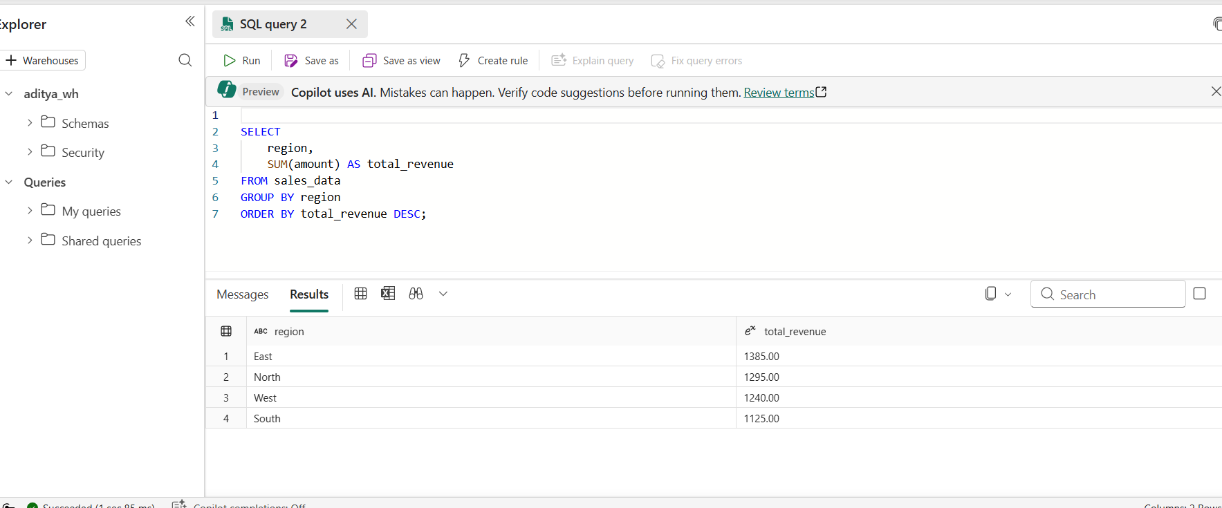Fabric SQL Warehouse query editor