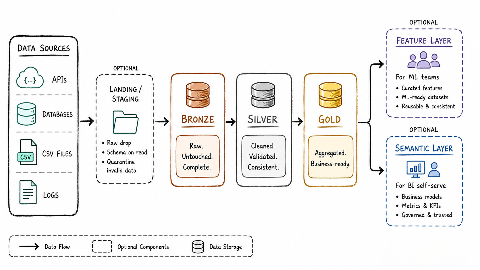 Extended Medallion Architecture with optional Landing, Feature, and Semantic layers