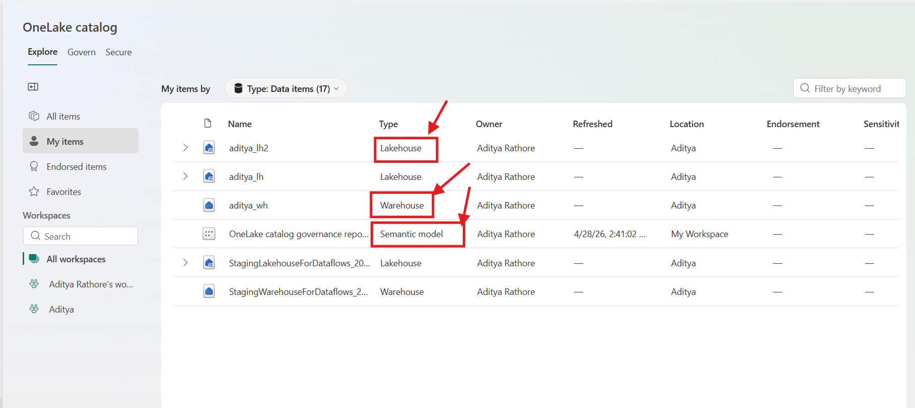 OneLake file explorer showing Lakehouse and Warehouse tables in one view